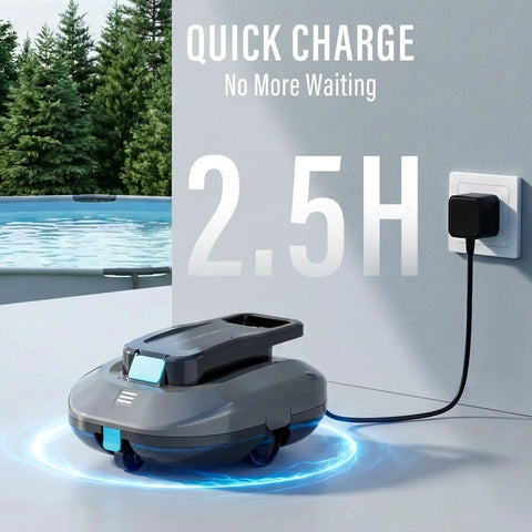 Cordless Robotic Pool Cleaner With Dual Motors Delivers Strong Suction Smart Self Parking LED Indicator charging near pool