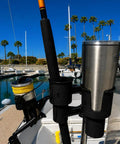 Heavy Duty Black Portable Clamp On Cup Holder And Versatile Dual Drink Caddy for boat fishing rod and insulated tumbler.