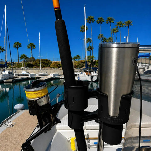 Heavy Duty Black Portable Clamp On Cup Holder And Versatile Dual Drink Caddy for boat fishing rod and insulated tumbler.