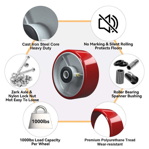 Image of Five Inch Heavy Duty Caster Wheels Set Of Four With Polyurethane Tread On Steel Wheel Half Inch Bore 1000 Lb Per Wheel 4000 Lb Total Load Replacement Caster Wheels For Industrial Carts, highlighting features like silent rolling and 1000 lbs load capacity per wheel.