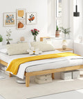 Heavy Duty King Size Wood Platform Bed Frame With Bulletproof Rubber Wood Construction And Slick Natural Finish in a bright bedroom setting.