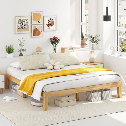 Heavy Duty King Size Wood Platform Bed Frame With Bulletproof Rubber Wood Construction And Slick Natural Finish in a bright bedroom setting.