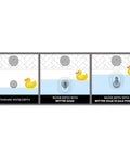 Illustration of Adjustable Overflow Drain Cover For Deeper Baths Up To 4.5 Inches, Fits All Drain Types, Silicone White Tub Upgrade Accessory For A Richer Soak And Longer Bath Time, showing water depth increase in three stages with rubber duck.