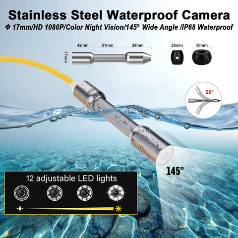 10m Pipe Inspection Camera With 4.3 Inch LCD Screen And DVR, Waterproof 17mm Endoscope For Home Drains And Pipes, LED Light, Wall Duct Access, Sewer Maintenance Tool For DIYers; 17mm stainless steel head with 12 LED lights