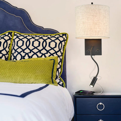 Bedroom Wall Sconce with USB Type C and USB Ports, Sleek Black Dope Bedside LED Reading Light, shown above nightstand with phone charging.