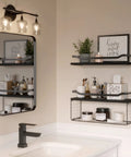 Floating Wood Wall Shelves With Wire Storage Basket Over Toilet Use Gray Finish Metal Guardrail Grab And Go Toilet Paper And Wipes Organizer