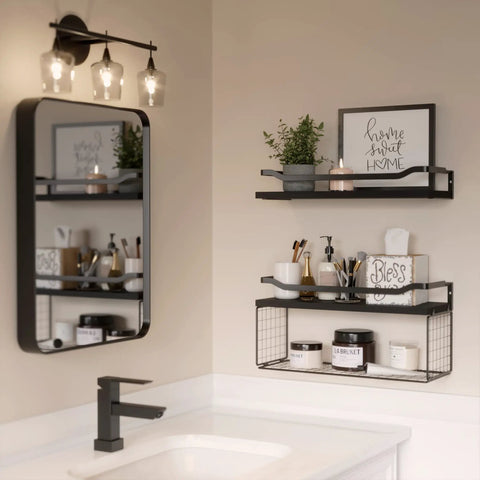 Floating Wood Wall Shelves With Wire Storage Basket Over Toilet Use Gray Finish Metal Guardrail Grab And Go Toilet Paper And Wipes Organizer