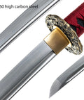 Hand Sharpened 1060 High Carbon Steel Samurai Sword close-up of blade and hilt with dragon design, dark red ito sageo visible