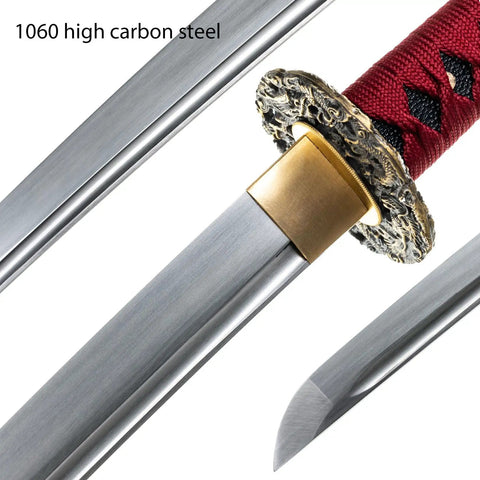 Hand Sharpened 1060 High Carbon Steel Samurai Sword close-up of blade and hilt with dragon design, dark red ito sageo visible
