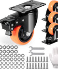 Heavy Duty Three Inch Swivel Caster Set With Slick Rolling Non Marking Pvc Wheels Dual Ball Bearings Built Tough Ab Lock Brakes and Reinforced Carbon Steel Plates with tools and accessories.