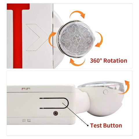 Built Tough Dual Head Emergency Exit Sign With Bright Red Led Lights Adjustable Commercial Backup Battery Plug In Self Test Ul Rated Works Great For Office 6 Pack showing 360-degree rotating light and test button details.