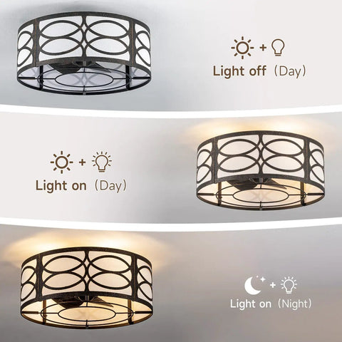 akiuzna Boho Caged Ceiling Fan with Light and Remote, Low Profile Fandelier with light on and off display.