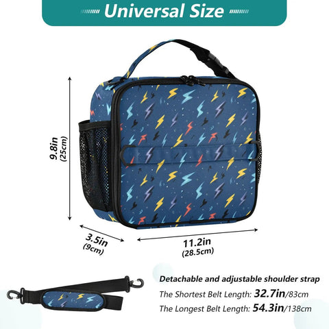 Lightning Bolts Insulated Lunch Bag Dark Blue For Kids And Adults Portable Cooler Tote With Shoulder Straps Keeps Meals Fresh All Day Big Main Compartment Plus Side Mesh Pockets For Drinks Perfect For School Office Travel. Dark blue lightning lunch bag, 11.2 x 9.8 x 3.5 in, polyester, adjustable strap