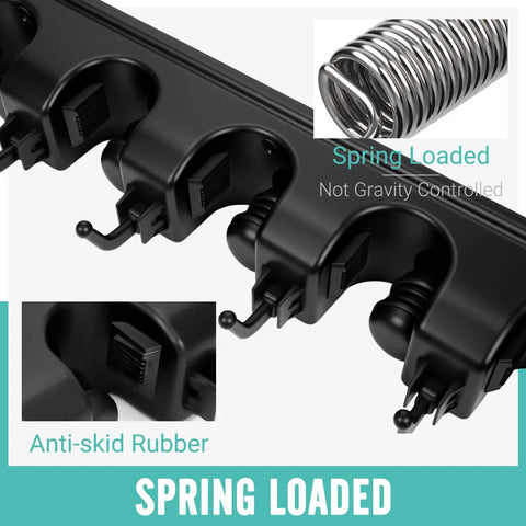 Wall Mounted Broom And Mop Organizer With Five Ball Slots And Six Hooks, featuring spring-loaded mechanism and anti-skid rubber