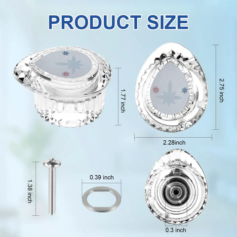 Product size of Easy Swap No-Hassle Shower Handle Replacement Kit for Posi-Temp Tub and Shower Faucets with acrylic parts and dimensions.