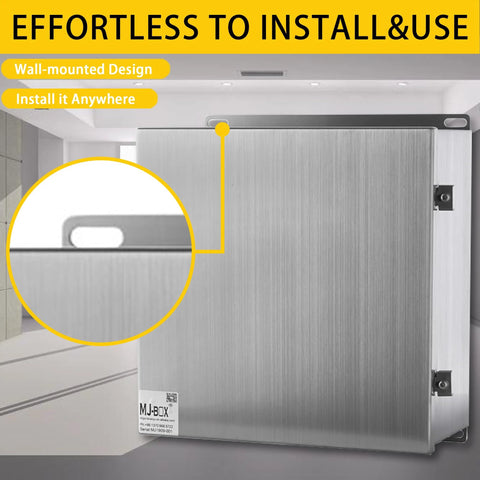 MJ-BOX steel electrical enclosure, brushed stainless, wall-mounted, 12 x 12 x 6 in, IP66/NEMA 4X.