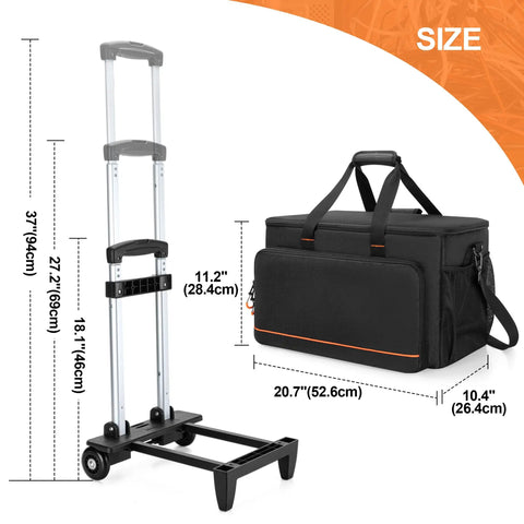 Rolling DJ Cable Bag With Hard Padded Bottom Detachable Dividers And Dolly Travel Gig Case size dimensions and dolly cart