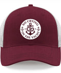 Chestnut Red breathable yacht style trucker hat with no crying on the yacht print, lightweight all day comfort with anti sweat band.