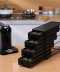 4 Tier Coffee Pod Drawer Organizer For Nespresso VertuoLine Pods with smooth slide metal drawers holding Vertuo capsules.