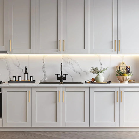 Modern kitchen cabinets with Solid 10 Pack 5 Inch Square Cabinet Handles In Champagne Bronze Finish Durable Drawer Pulls installed.