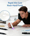 Man using Quartz Countertop Repair Kit Quick Fix for Chips Cracks and Scratches on kitchen surface with UV cure