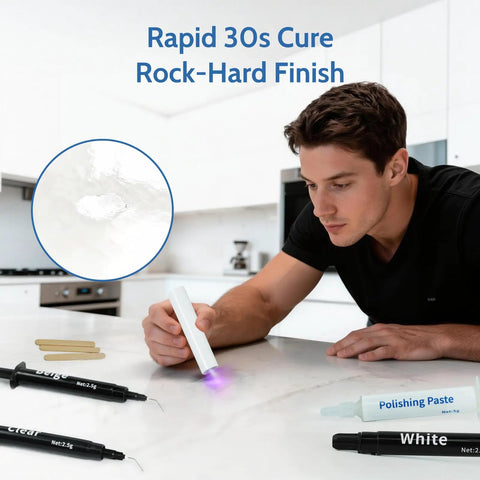 Man using Quartz Countertop Repair Kit Quick Fix for Chips Cracks and Scratches on kitchen surface with UV cure