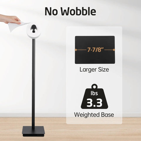 Rock Solid Free Standing Toilet Paper Holder In Matte Black Stainless Steel With No Wobble Heavy Base And 26 Inch Tall Design, SUS304 18 8 Stainless Steel, showing weighted base and size details with a hand reaching to replace roll