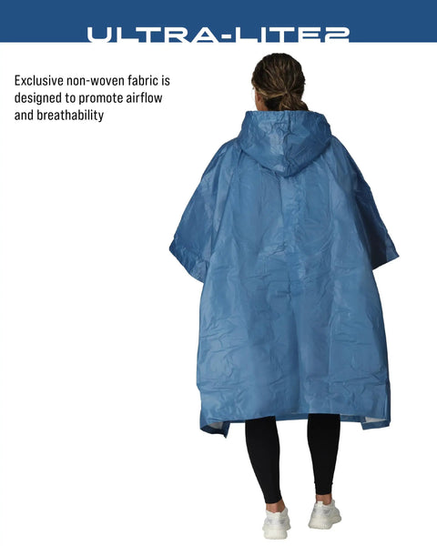 Back view of person wearing Ultra Lite 2 Reusable Waterproof Breathable Poncho For Everyday Rain Gear Dope Lightweight Non Woven Polypropylene PFAS Free Seam Taped Construction Built To Last In Wet Weather