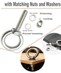 Hardcore Stainless Steel M8 Eyebolts 2 Inch Long Heavy Duty Lifting Screws With Lock Nuts And Washers secured in wood with washers.