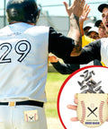 Baseball player wearing number 29 with a seed sack in pocket, surrounded by teammates, product inset showing Seed Sack with sunflower seeds.