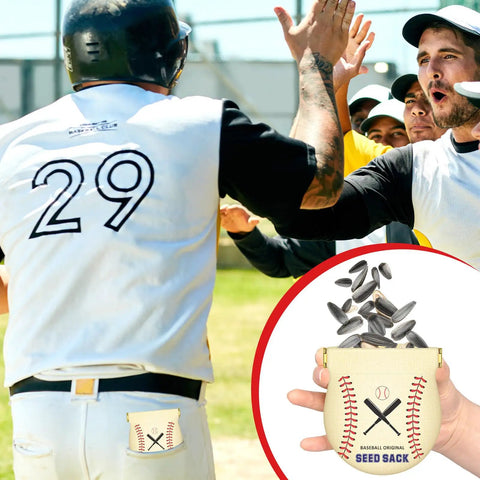 Baseball player wearing number 29 with a seed sack in pocket, surrounded by teammates, product inset showing Seed Sack with sunflower seeds.