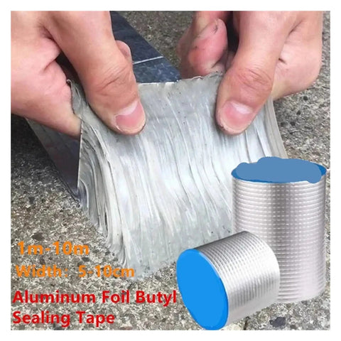Close-up of self-adhesive butyl tape for roofs and ducts, sealing a surface. Waterproof, 5cm by 5 meters, weatherproof.