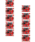 Ten Pack DC To DC Buck Boost Power Supply Module With Input From Two Point Five To Fifteen Volts And Output Of Three Point Three Volts Up To Six Hundred Milliamps Automatic Step Up Down Board For Electronics Projects, shown front view.