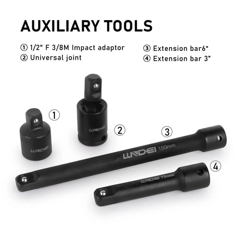 Impact Socket Set For Three Eighths Drive With SAE And Metric Sizes From Eight To Twenty Two Millimeters 48 Piece CRV Steel Six Point Sockets Plus Extension Bars Three Inch And Six Inch Reducer From Half To Three Eighths Universal Joint components