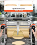 Heavy Duty Commercial Tortilla Press Machine Stainless Steel Electric for Tacos Roti Chapatti Sopes showing adjustable thickness 1mm to 5mm.