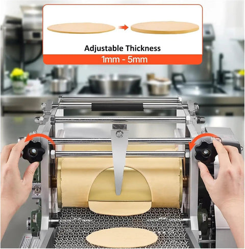 Heavy Duty Commercial Tortilla Press Machine Stainless Steel Electric for Tacos Roti Chapatti Sopes showing adjustable thickness 1mm to 5mm.