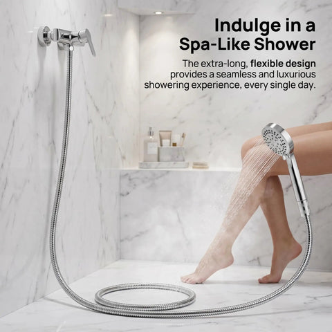 Extra Long 79 Inch Stainless Steel Shower Hose Handheld Extension Universal Replacement G One Half in use in a spa-like shower