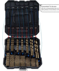 Drill bit set in plastic storage case with 99 gold-colored HSS twist drill bits, sizes 1/16–3/8 in, front view