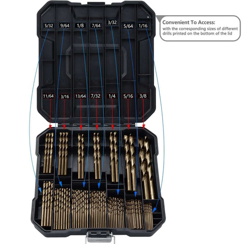 Drill bit set in plastic storage case with 99 gold-colored HSS twist drill bits, sizes 1/16–3/8 in, front view