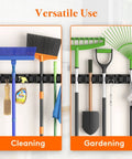 Mop and Broom Holder Wall Mount Anti Slip Hanger for Cleaning Supplies Organizer No Fuss Easy Install Hanging Rack for Closet Kitchen Garage with 5 Slots and 6 Hooks Holds Up to 30lbs Black 1 Pack displaying cleaning and gardening tools.