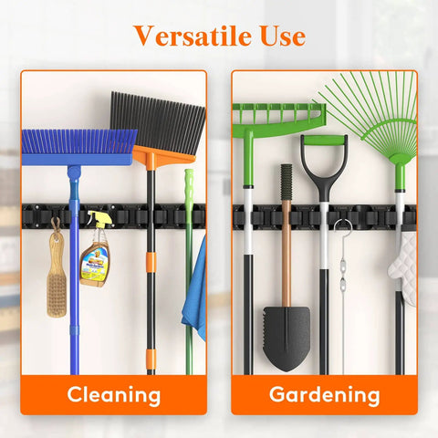 Mop and Broom Holder Wall Mount Anti Slip Hanger for Cleaning Supplies Organizer No Fuss Easy Install Hanging Rack for Closet Kitchen Garage with 5 Slots and 6 Hooks Holds Up to 30lbs Black 1 Pack displaying cleaning and gardening tools.