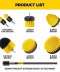Eight Piece Drill Brush Attachment Set For Power Scrubbers, Includes Seven Brush Heads And Extendable Rod, various sizes shown.