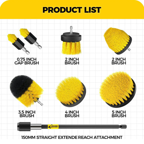 Eight Piece Drill Brush Attachment Set For Power Scrubbers, Includes Seven Brush Heads And Extendable Rod, various sizes shown.