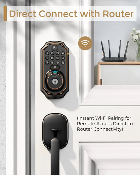 Next Level Wifi Smart Lock With Hd Camera And Video Doorbell Five In One Keyless Deadbolt featuring touch keypad and Wi-Fi connection.