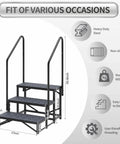 Heavy Duty Three Step Entry Platform Featuring Dual Safety Rails And Powder Coated Steel That Handles 660 Pounds Like A Champ While Delivering Rock Solid Stability And Rust Free Progress Across Every Camping Expedition, showcasing dimensions and features.