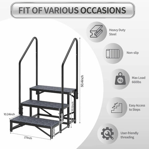Heavy Duty Three Step Entry Platform Featuring Dual Safety Rails And Powder Coated Steel That Handles 660 Pounds Like A Champ While Delivering Rock Solid Stability And Rust Free Progress Across Every Camping Expedition, showcasing dimensions and features.