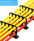 Massive 50 Pack Cable Chase Wire Brackets Perfect For Neat Home Office Setup Keep Your Cords Tangle Free And Organized Super Easy Install, featuring black brackets securing colorful wires.