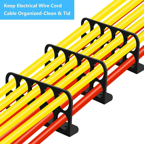 Massive 50 Pack Cable Chase Wire Brackets Perfect For Neat Home Office Setup Keep Your Cords Tangle Free And Organized Super Easy Install, featuring black brackets securing colorful wires.
