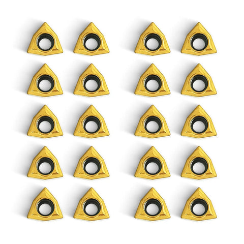 20 Pack TiN Coated Carbide Turning Inserts WCMT06T304 WCMT32.51 For CNC Lathe Replacement organized in a grid pattern