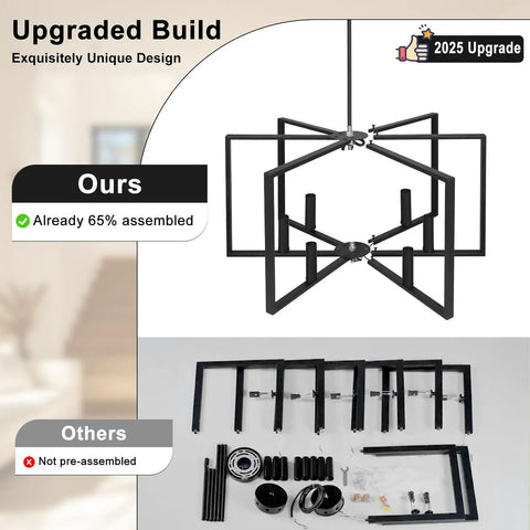 Six Light Black Farmhouse Chandelier Featuring Smooth Geometric Frames Slick Industrial Ceiling Fixture Solid Metal Edison Socket, 65% assembled view.